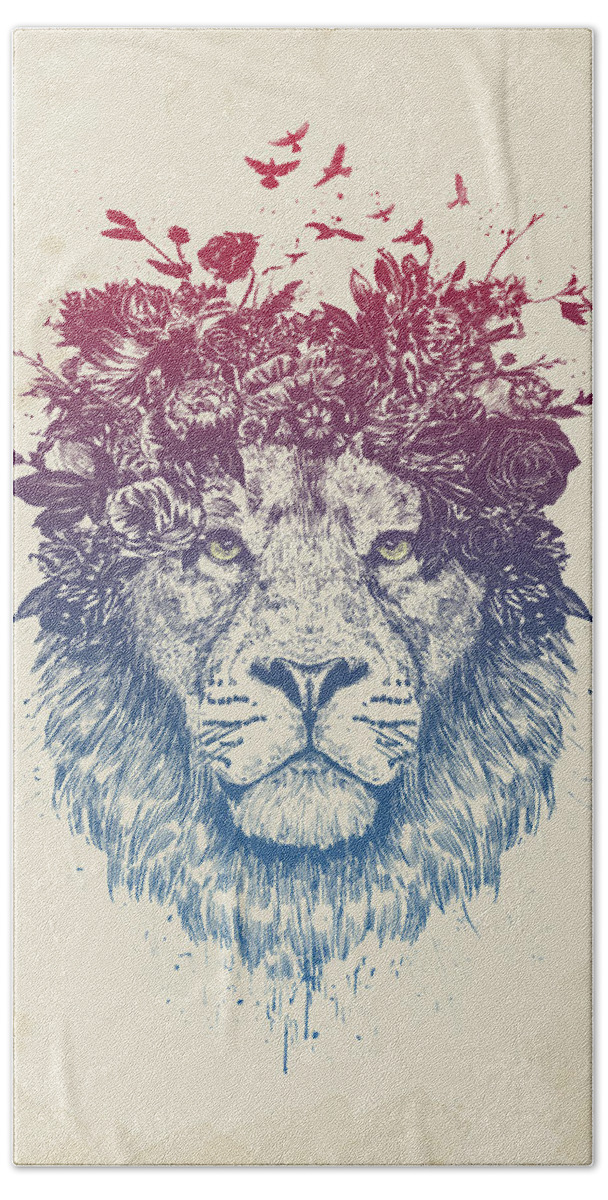 Lion Beach Towel featuring the drawing Floral lion III by Balazs Solti