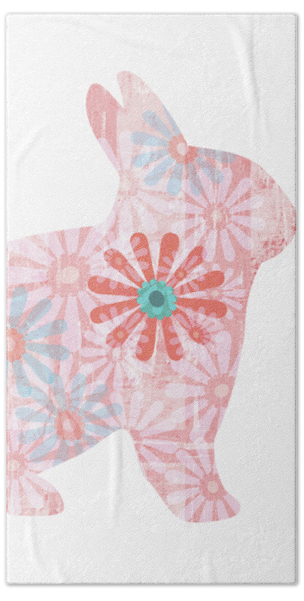 Rabbit Beach Towel featuring the digital art Floral Rabbit in Living Coral II by Marianne Campolongo