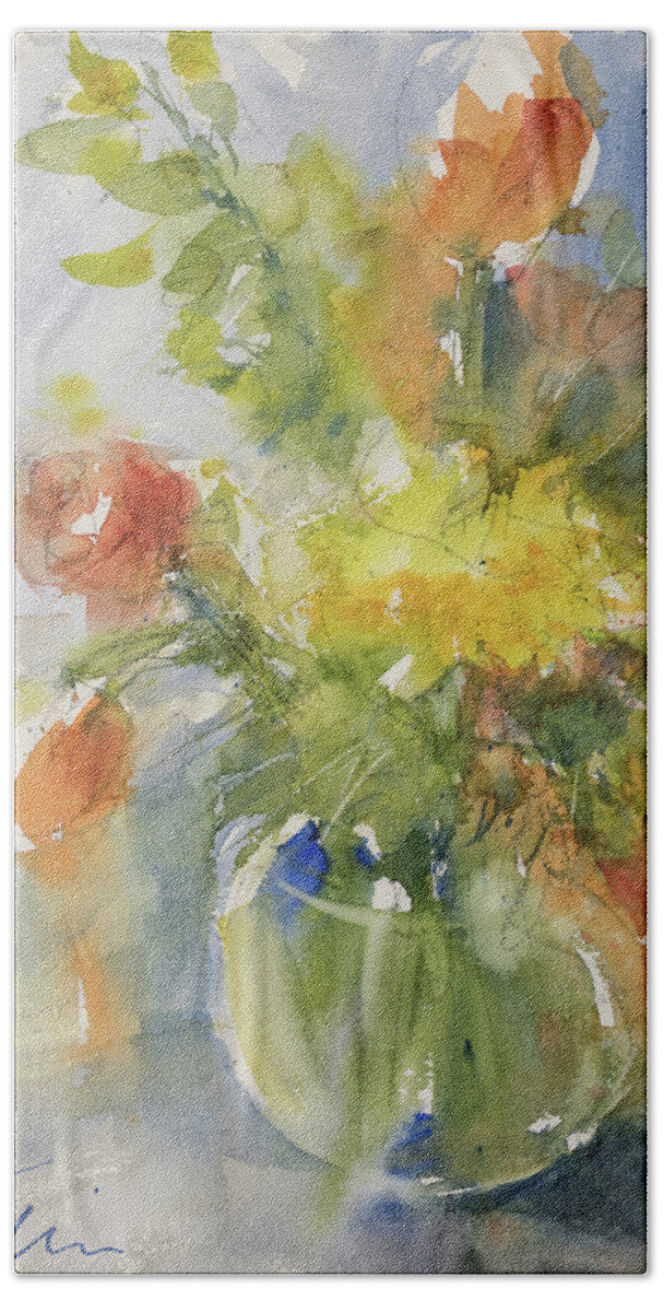 Watercolor Beach Towel featuring the painting Floral Still life by Judith Levins