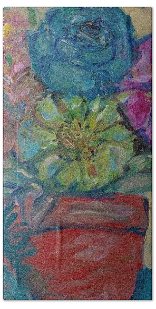 Loose Brush Work Beach Towel featuring the painting Flowers in a Clay Pot by Deborah Nell