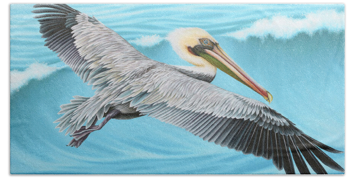 Pelican Beach Towel featuring the painting Flying Pelican by Tish Wynne