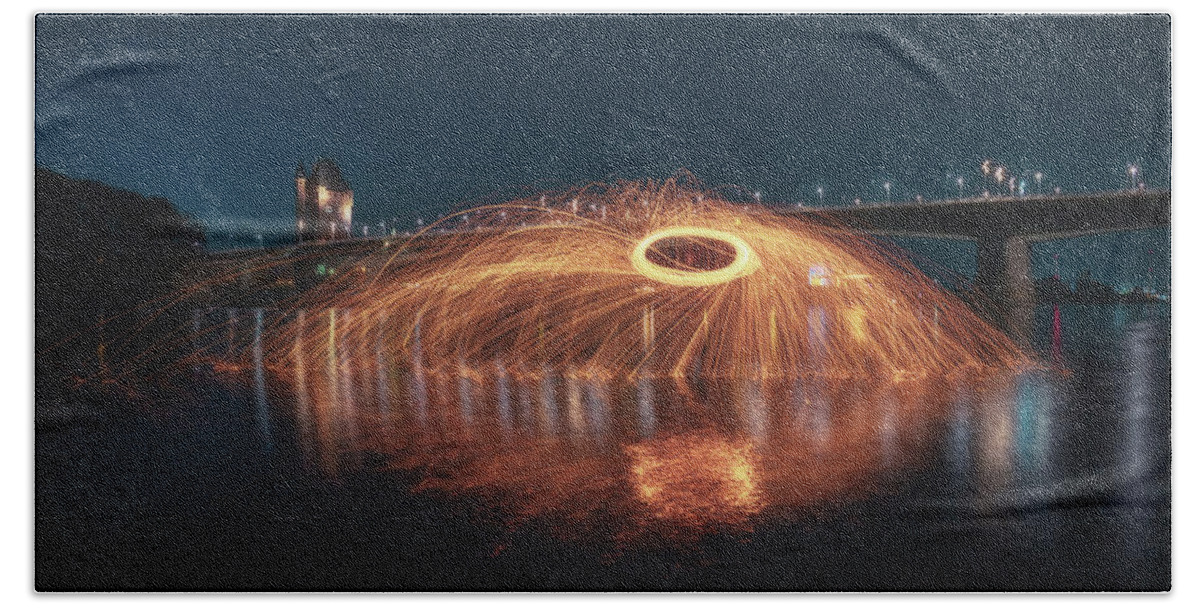 Photography Beach Towel featuring the photograph Flying Sparks in the River Rhine by Marc Braner