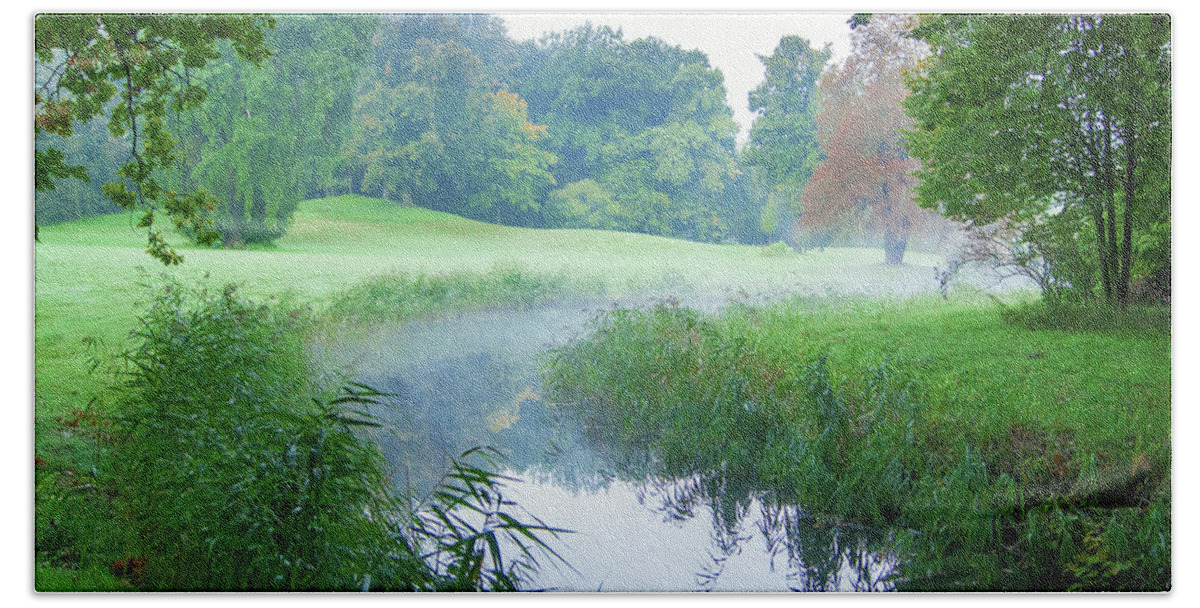 Landscape Park Beach Towel featuring the photograph Fog along a creek in autumn by Sun Travels