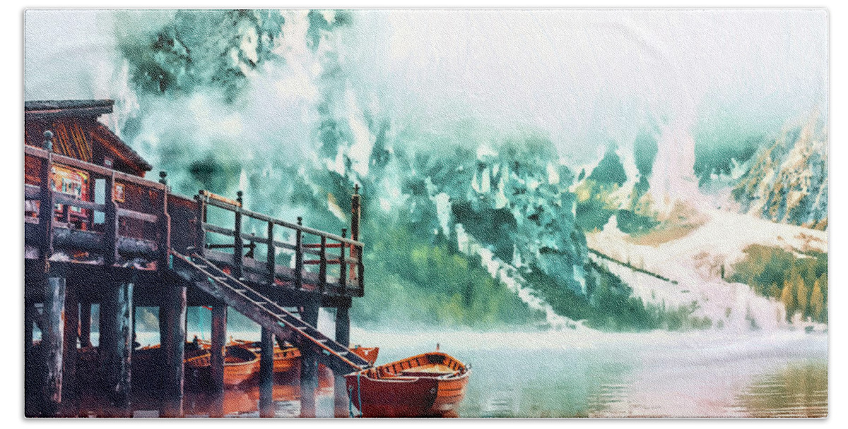 Landscape Beach Towel featuring the painting Foggy Morning at Lago Di Braies Italy - DWP1721011 by Dean Wittle