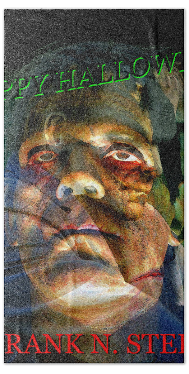 Frankenstein Beach Sheet featuring the mixed media Frank N. Stein custom card by David Lee Thompson