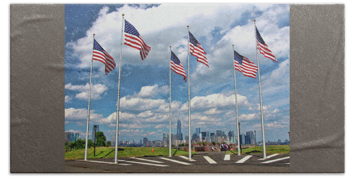 Freedom Beach Sheet featuring the photograph Freedom Tower Through the American Flags by Allen Beatty