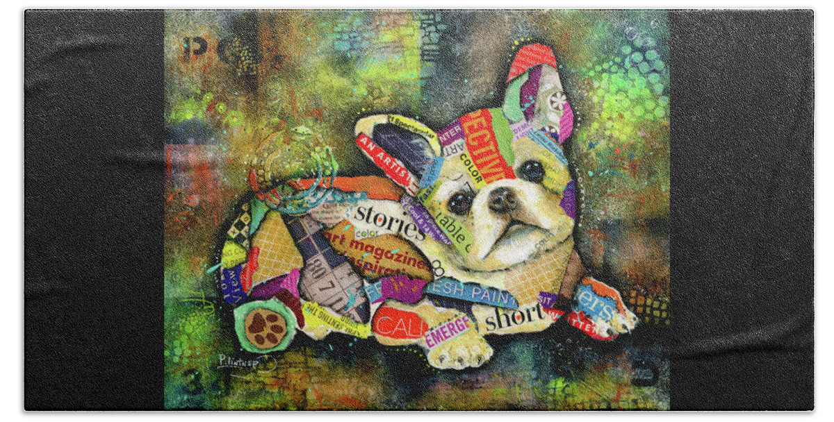 Frenchie Beach Towel featuring the mixed media French Bulldog by Patricia Lintner