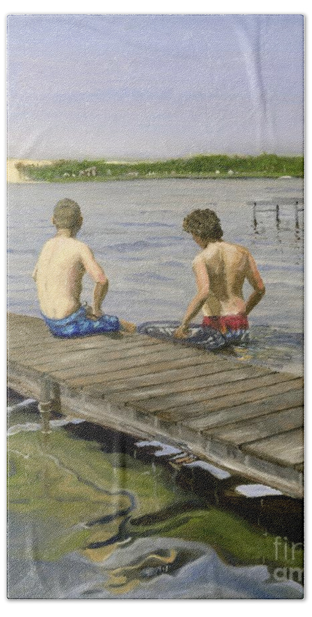 Lake Beach Towel featuring the painting Friends by Deborah Bergren