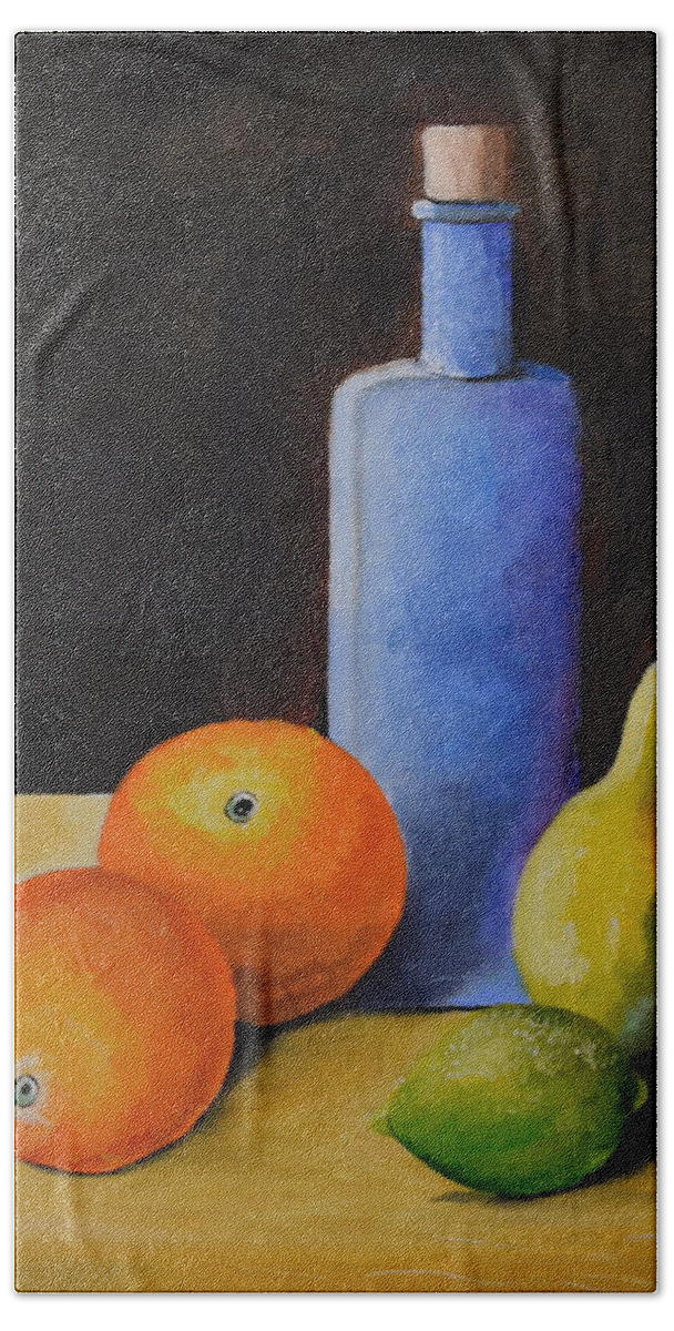 This Is An Oil Painting Of Oranges Beach Towel featuring the painting Fruit and Bottle by Martin Schmidt