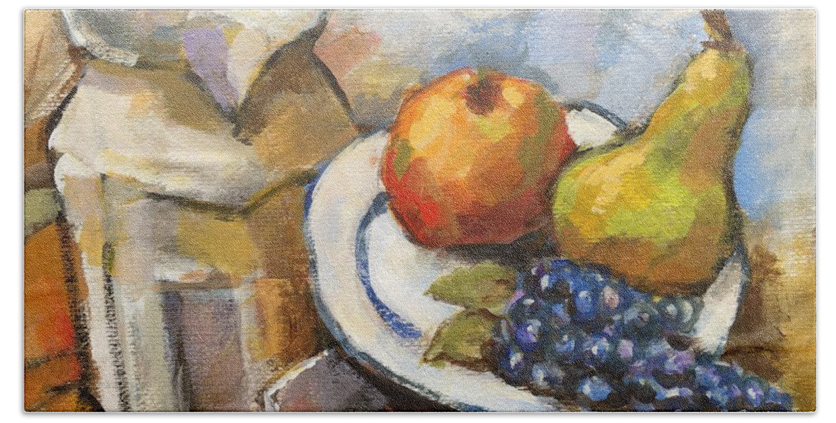 Autumn Beach Towel featuring the painting Fruit and pitcher not Cezanne by Johannes Strieder