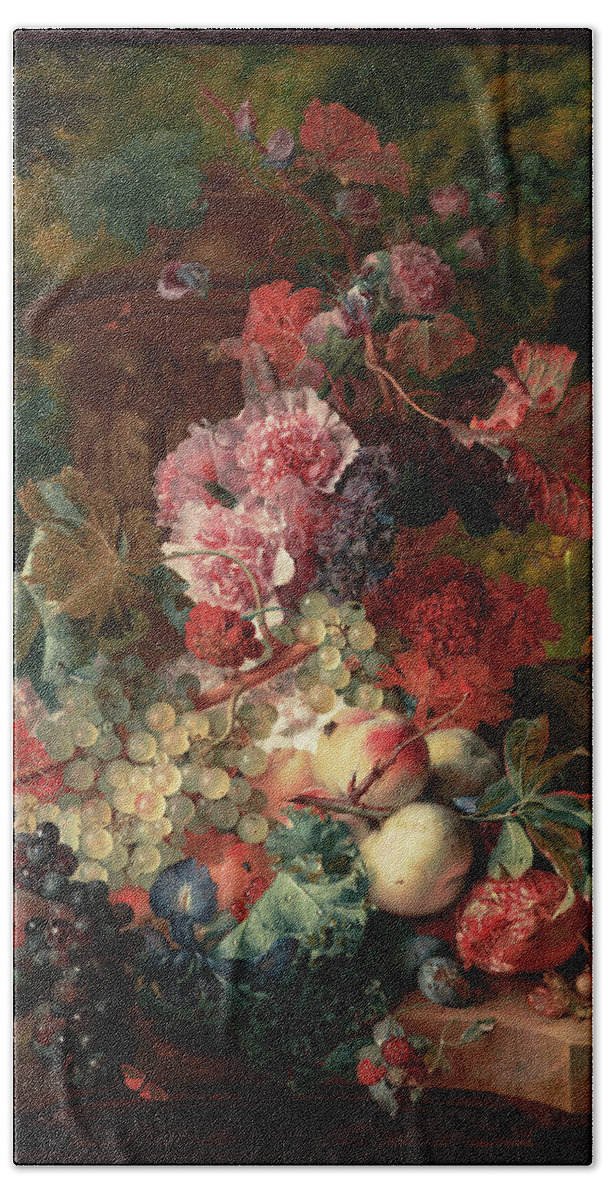 Vase Of Flowers Beach Towel featuring the painting Fruit Piece by Jan van Huysum by Rolando Burbon