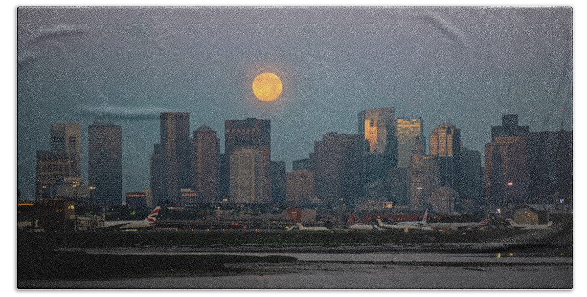 Boston Beach Towel featuring the photograph Full moon over Boston MA at Sunrise Bright Moon by Toby McGuire