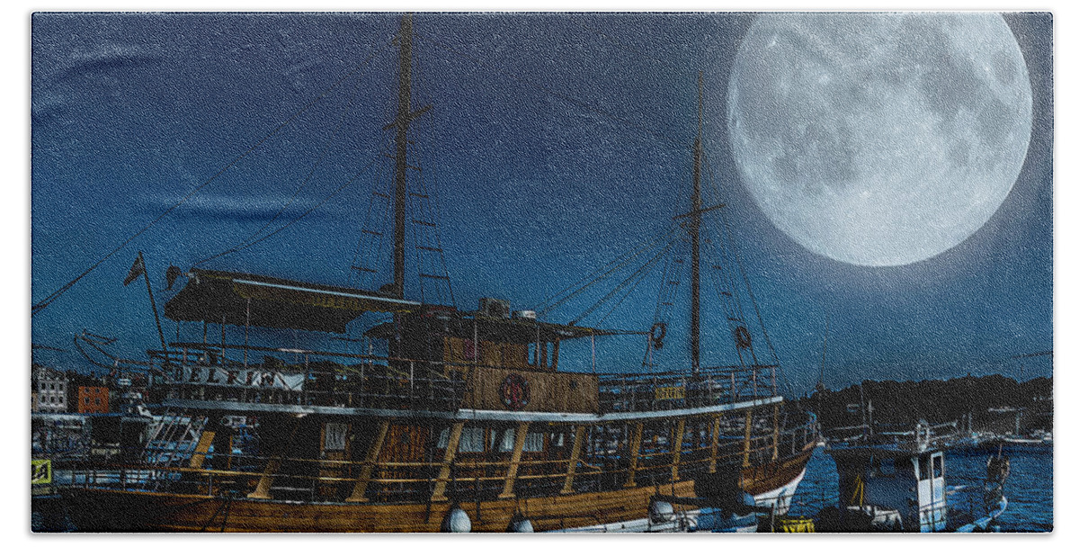 Composite Beach Towel featuring the photograph Full Moon over Rovinj's Harbor by Wolfgang Stocker