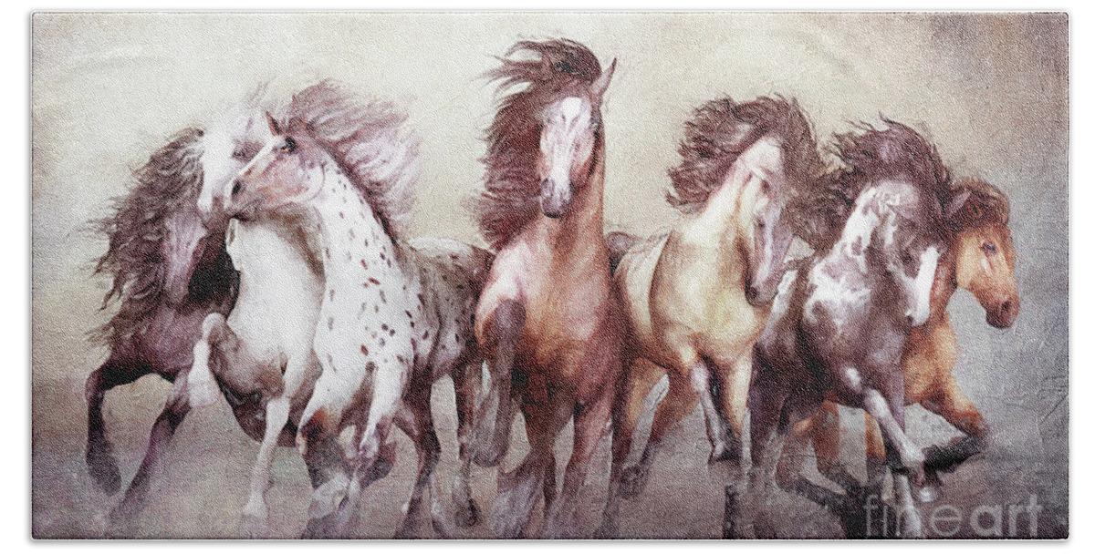 Magnificent Seven Horses Beach Towel featuring the digital art Galloping Horses Magnificent Seven by Shanina Conway