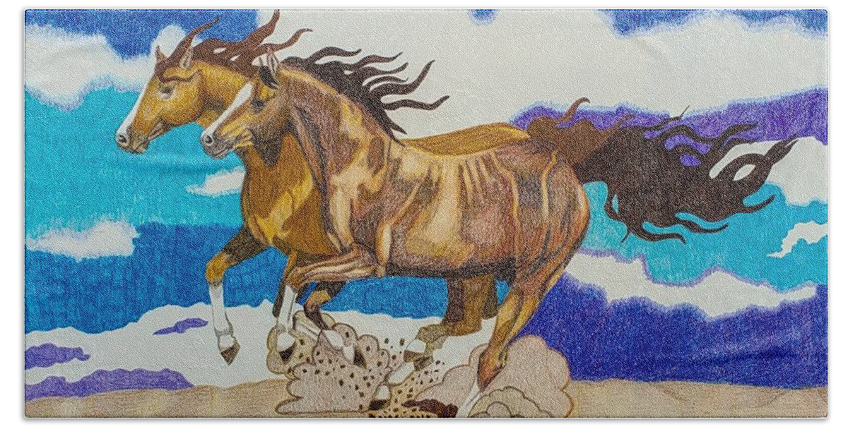 Colored Pencil Drawing Beach Towel featuring the drawing Galloping in Sand by Equus Artisan