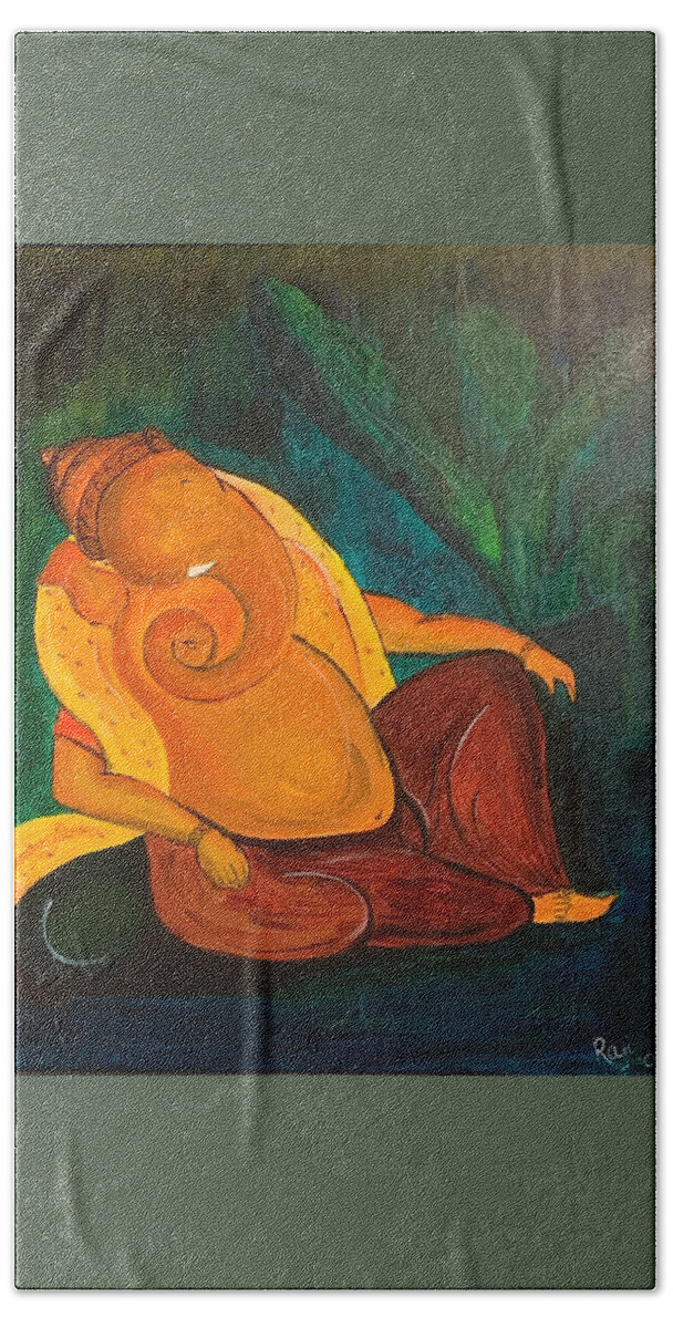 Seated Ganesh Beach Towel featuring the painting Ganesh 3 by Raji Musinipally