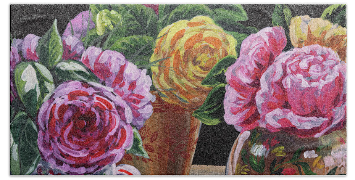 Pink Beach Towel featuring the painting Garden Roses In Vases Floral Impressionism by Irina Sztukowski