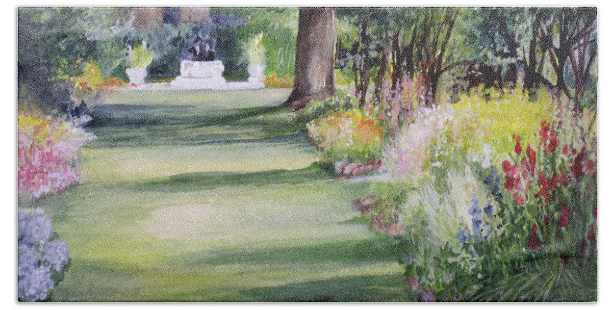 Landscape Watercolor Beach Towel featuring the painting Garden Shadows by Laurie Rohner