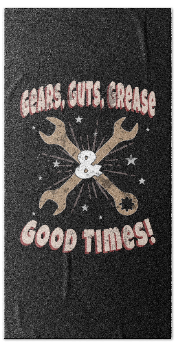 Funny-shirts Beach Towel featuring the digital art Gears Guts Grease Good Times Fast Hot Rods by Henry B