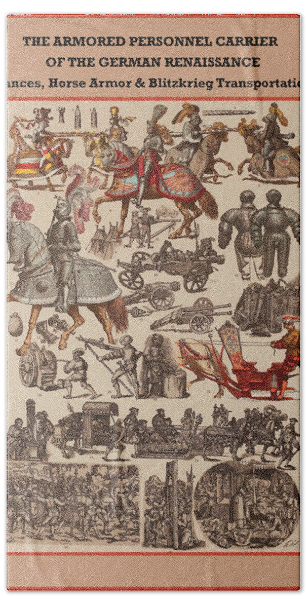 Germany Beach Towel featuring the painting German renaissance lances, horse armor & blitzkrieg transportation by Friedrich Hottenroth