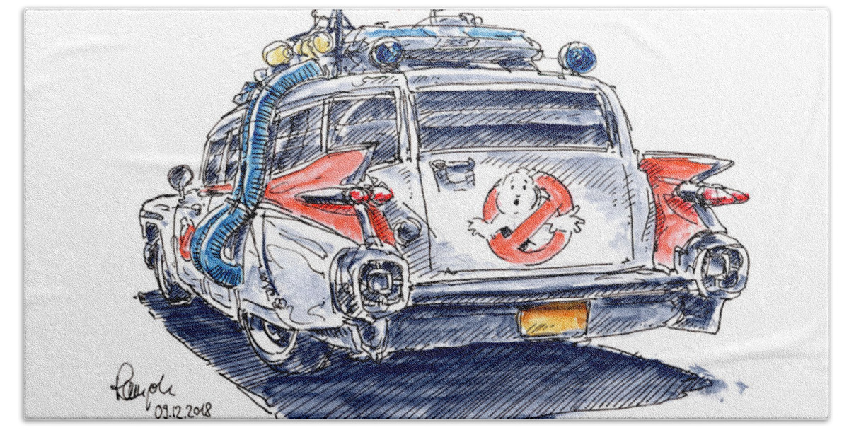 Ghostbusters Beach Towel featuring the drawing Ghostbusters Ecto-1 Movie Car Cadillac Miller Meteor Ink Drawing by Frank Ramspott
