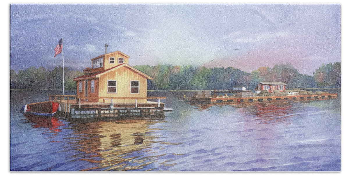 Glen Island Beach Towel featuring the painting Glen Island Creek Houseboats by Marguerite Chadwick-Juner