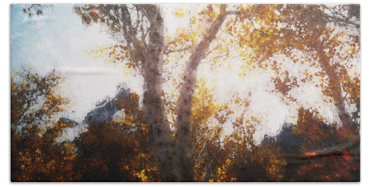 Through The Forest Beach Towel featuring the painting Glimpse of Autumn - 11 by AM FineArtPrints