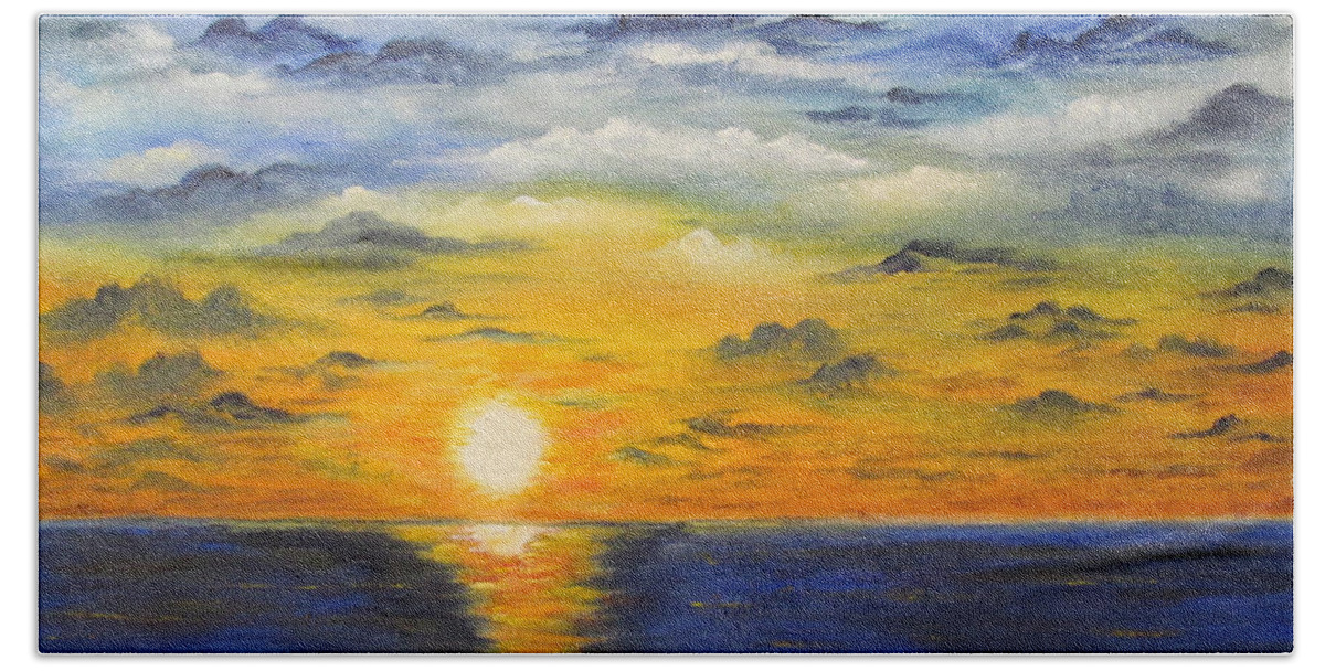 Sunset Beach Towel featuring the painting Glowing Sun by Gloria E Barreto-Rodriguez