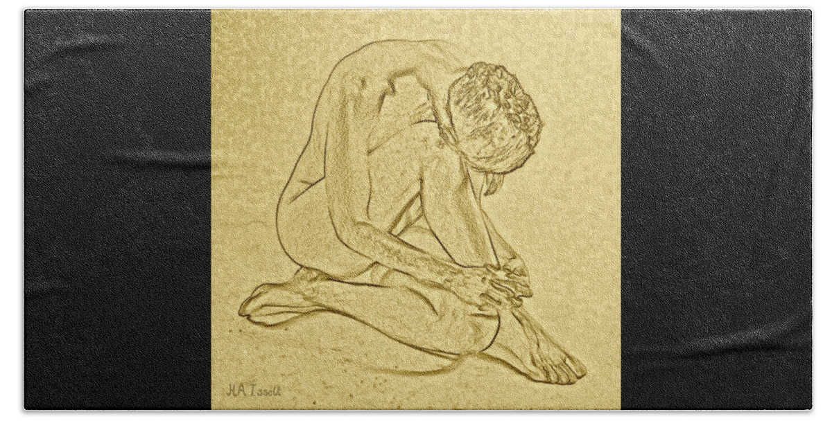 Pose Beach Towel featuring the digital art Gold Pose woman Sitting by Humphrey Isselt