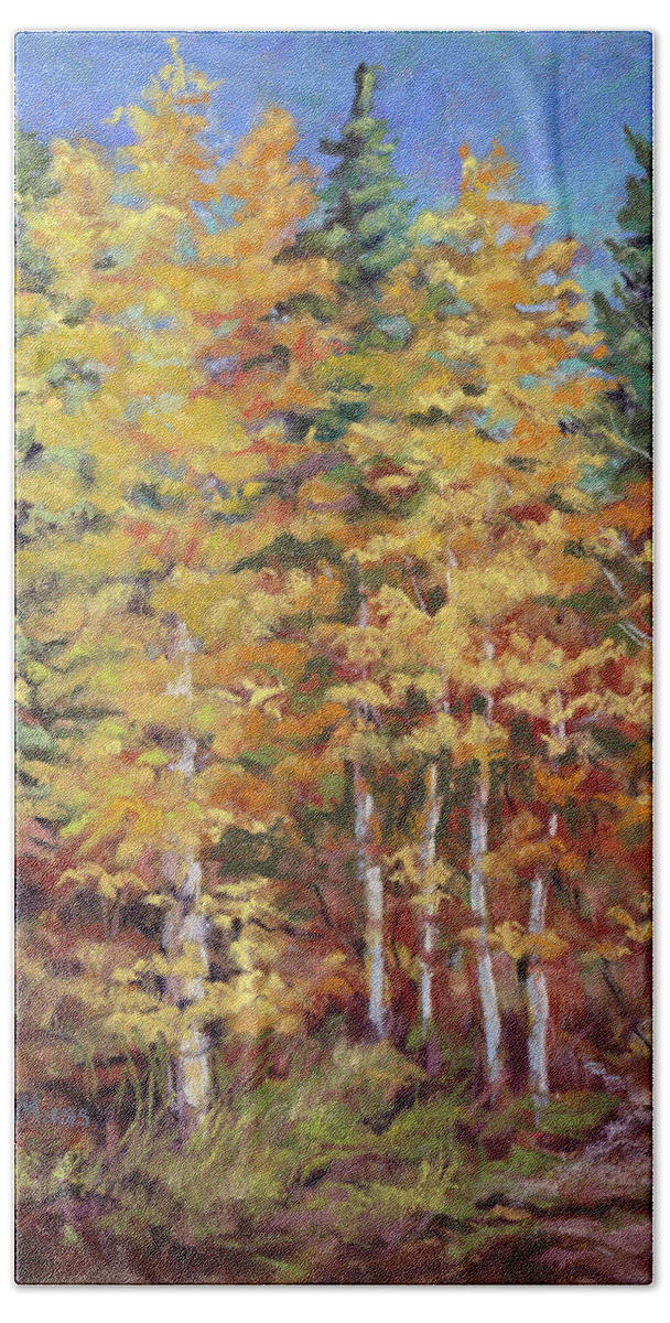 Golden Aspen Trees Beach Towel featuring the painting Golden and Gambel by Julie Maas
