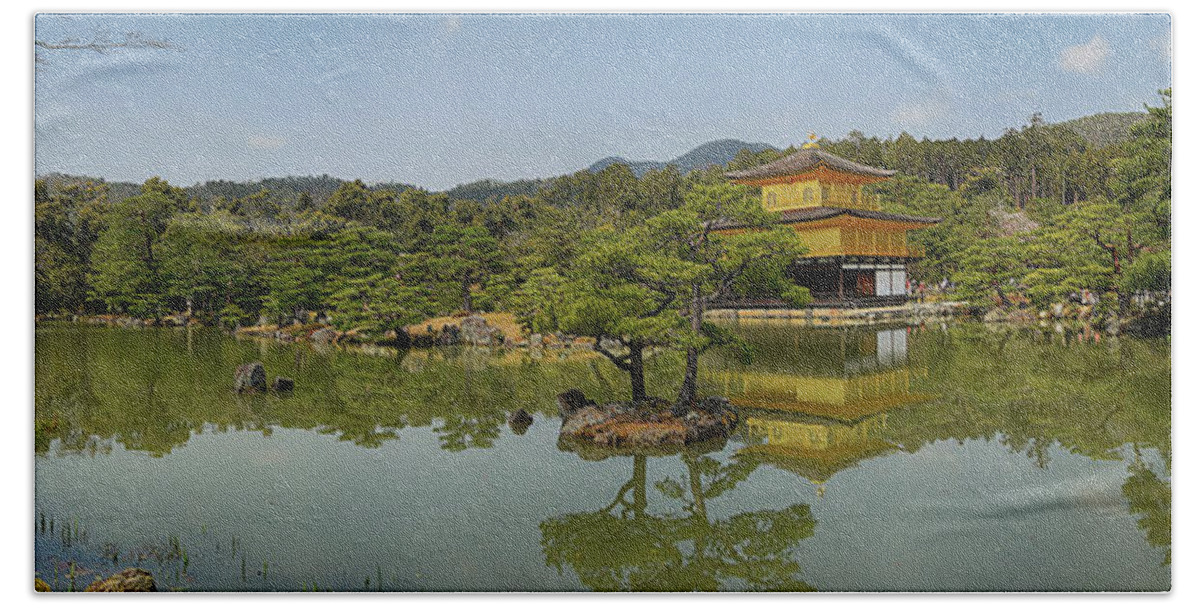 Golden Beach Towel featuring the photograph Golden Pavilion panorama by Andrei SKY