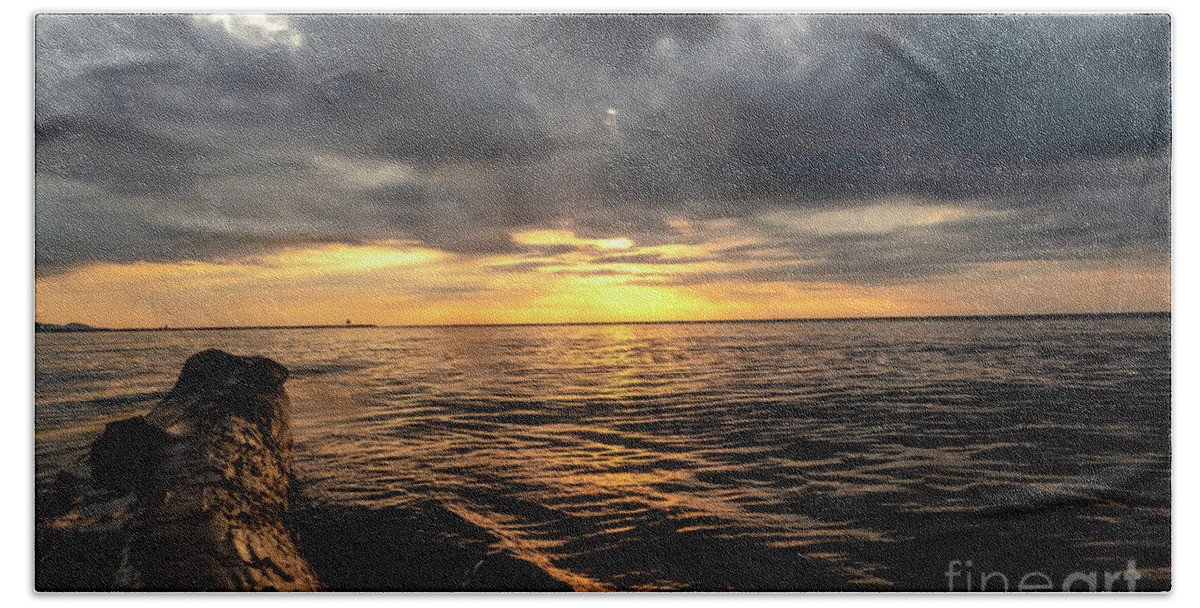 Golden Beach Towel featuring the photograph Golden Sunset on Horizon by Sandra J's