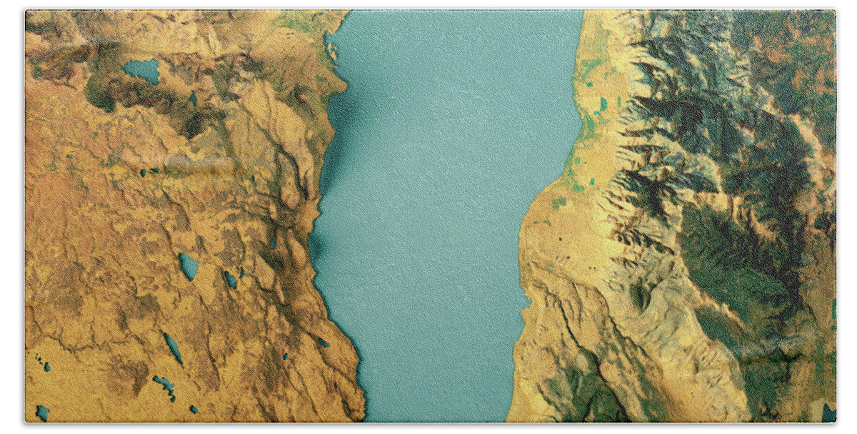Goose Lake Beach Towel featuring the digital art Goose Lake 3D Render Topographic Map Color by Frank Ramspott