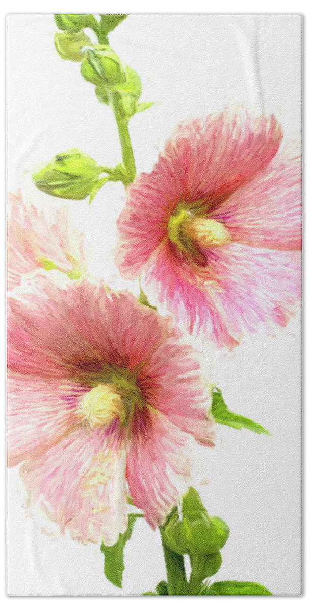 Pink Beach Towel featuring the photograph Gorgeous Old Fashioned Pink Hollyhocks by Kathy Clark