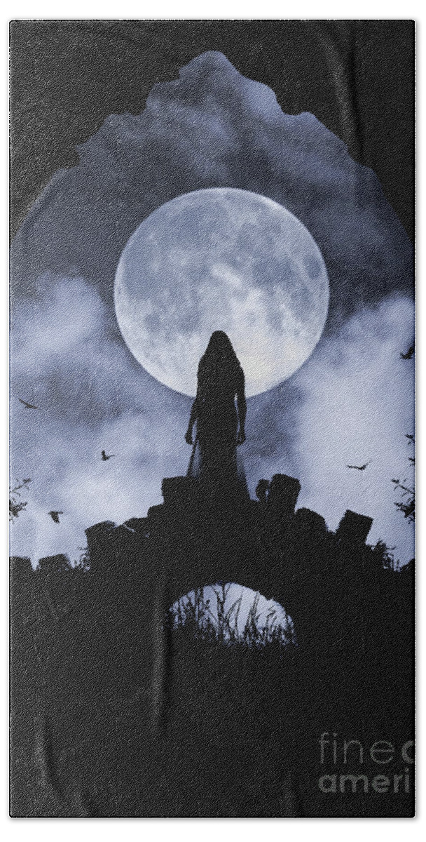 Clayton Beach Towel featuring the photograph Gothic woman on bridge and full moon by Clayton Bastiani