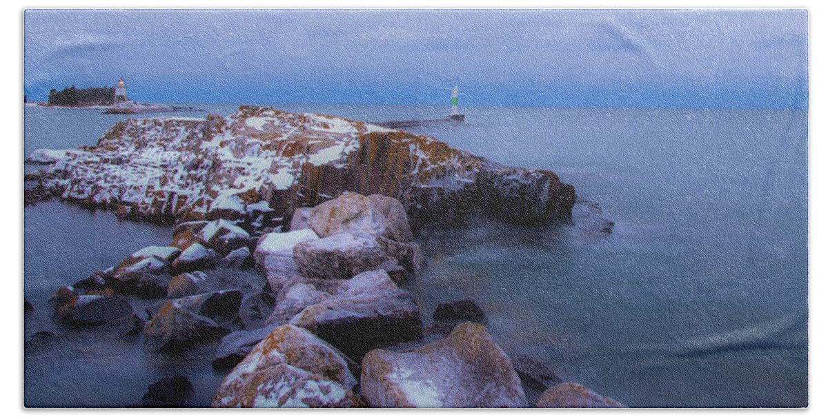 Grand Marais Harbor Beach Towel featuring the photograph Grand Marais Harbor by Joe Kopp