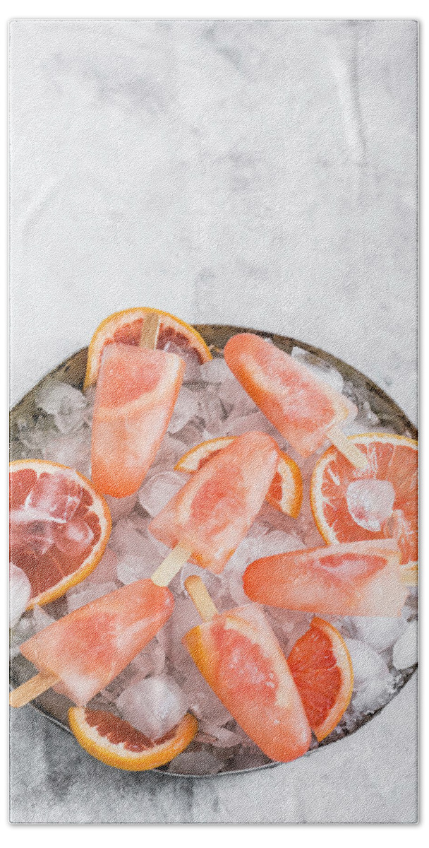 Ip_12548849 Beach Towel featuring the photograph Grapefruit And Champagne Ice Popsicles by Maricruz Avalos Flores