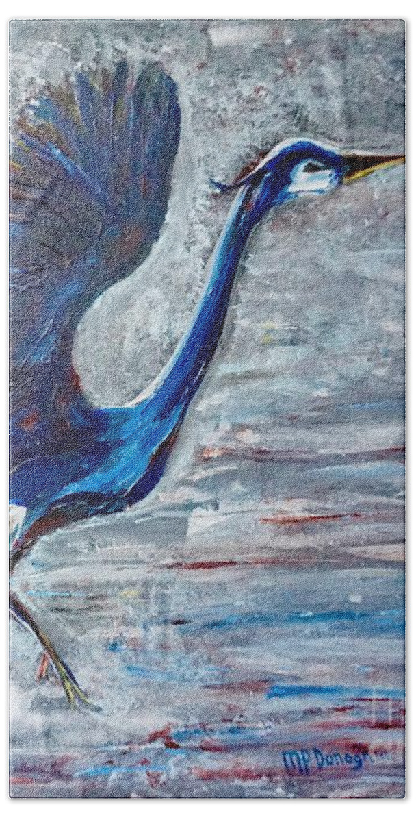 Great Blue Heron Beach Towel featuring the painting Great Blue Heron -Taking Flight from Water by Patty Donoghue