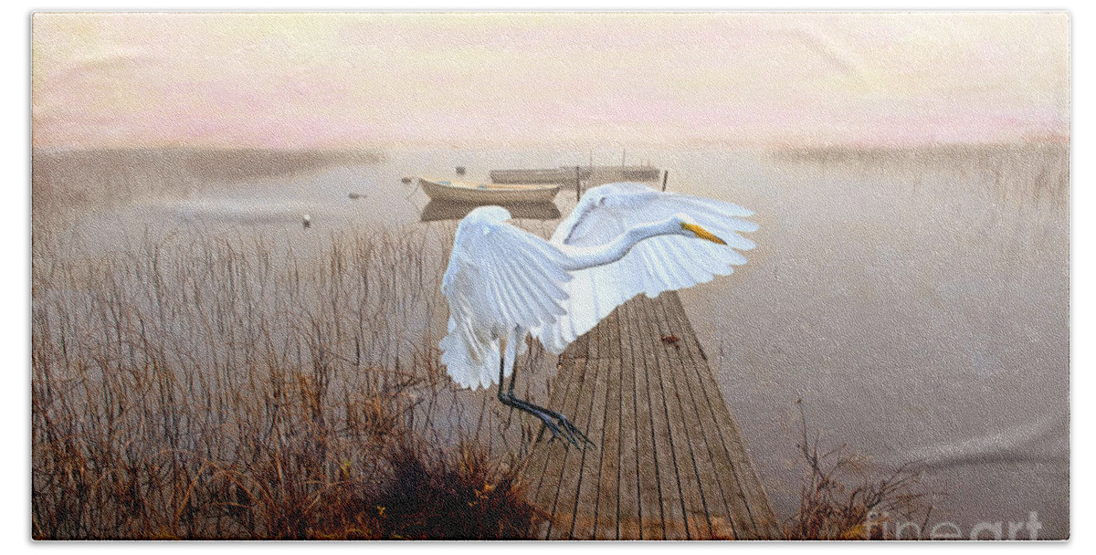 Great White Heron Beach Towel featuring the photograph Great White Heron Landing by Laura D Young