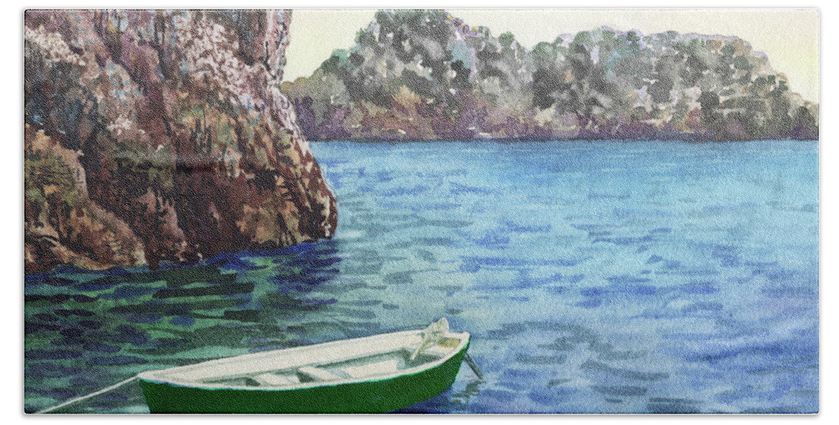 Green Boat Beach Towel featuring the painting Green Boat Blue Sea Safe Harbor Watercolor by Irina Sztukowski