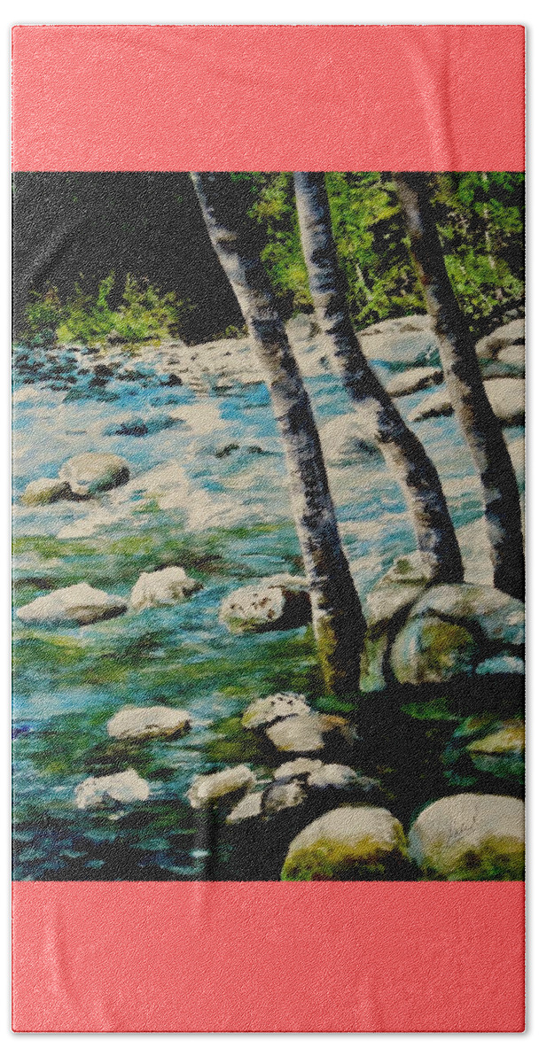 Rocky Waterfall Beach Towel featuring the painting Gushing Waters by Sher Nasser