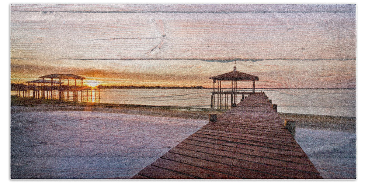 Boats Beach Towel featuring the photograph Happiest Hour with Wood Textures by Debra and Dave Vanderlaan