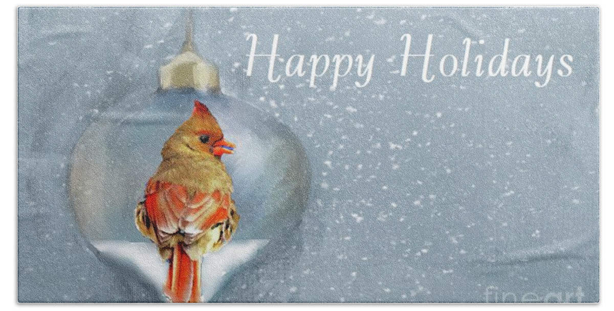 Female Northern Cardinal Beach Towel featuring the photograph Happy Holidays from Our House to Your House by Janette Boyd