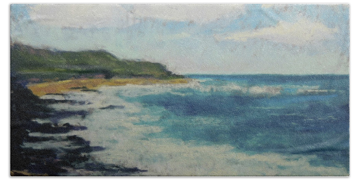 Coast Beach Towel featuring the pastel Rocky Shore by Jayne Wilson