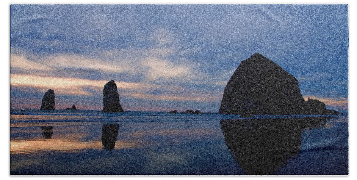 Oregon Beach Sheet featuring the photograph Haystack Rock at Dusk by Todd Kreuter