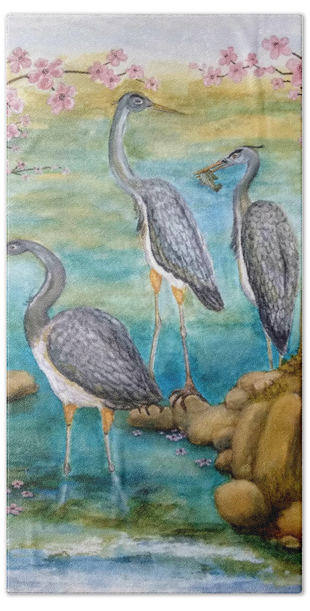 Wildlife Beach Towel featuring the painting Herons in the Cherry Blossoms by Vallee Johnson