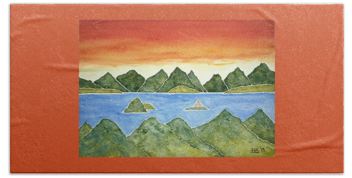 Watercolor Beach Towel featuring the painting Hidden Islands Lore by John Klobucher