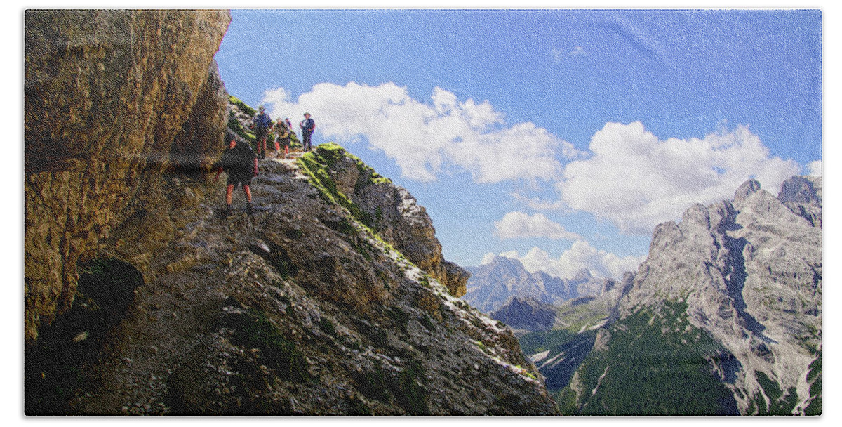 Dolomites Beach Towel featuring the photograph Hikers on steep trail up Monte piana by Steve Estvanik