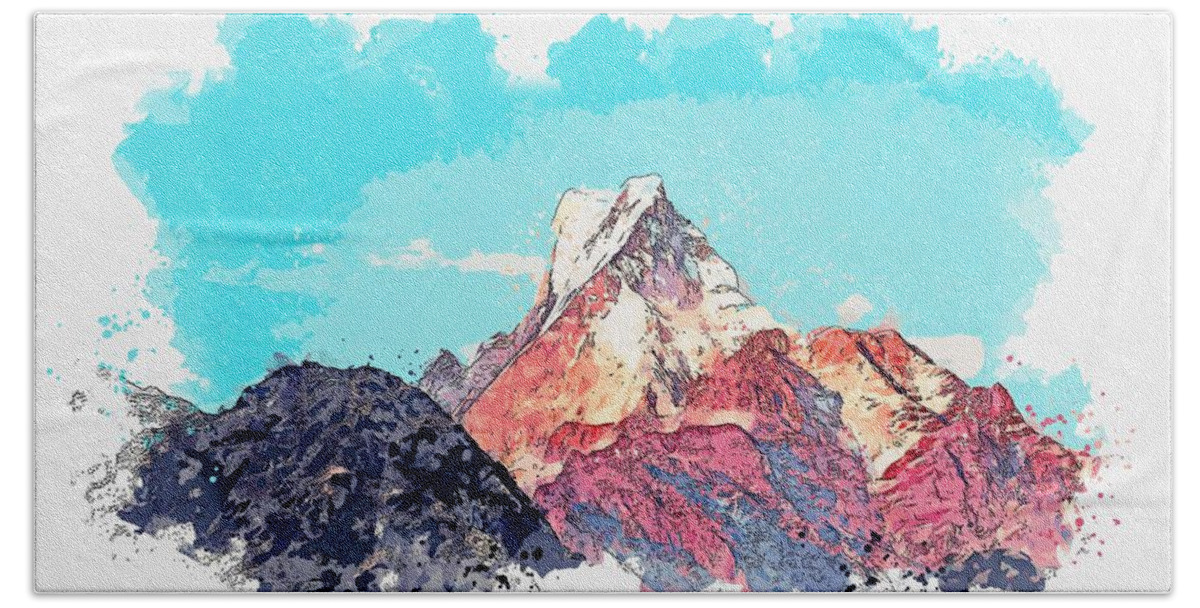Flower Beach Towel featuring the painting Himalayas - watercolor by Adam Asar by Celestial Images