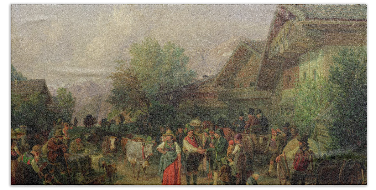 Goat Beach Towel featuring the painting Homecoming From The Alpine Pasture, 1848 by Hermann Kauffmann